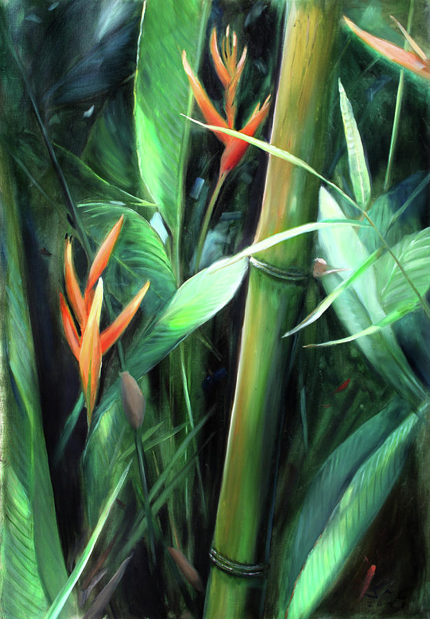 Bamboo and Bird of Paradise 2 Painting by Jonathan Guy-Gladding JAG