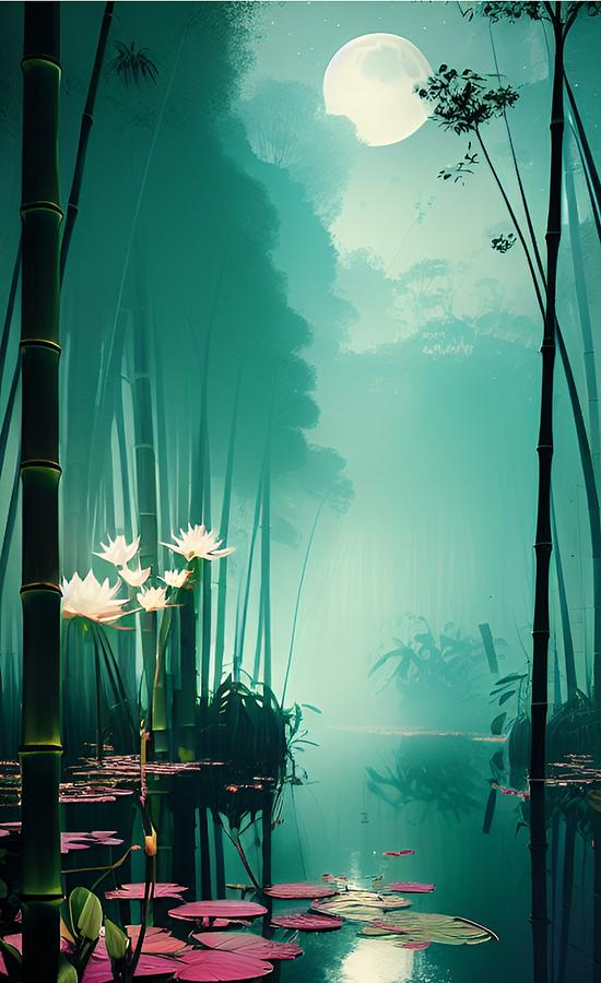 Bamboo forest in moonlight Digital Art by John Wills
