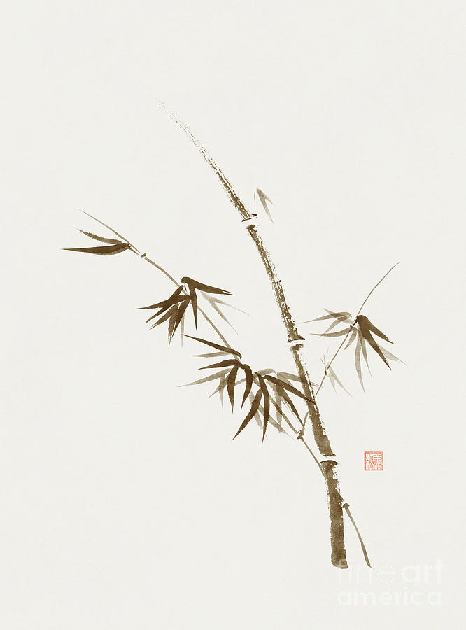 Nature Painting - Bamboo stalk with young leaves Delicate refined Zen style design on light be Wall Art Print MXI29709 by Maxim Images Exquisite Prints