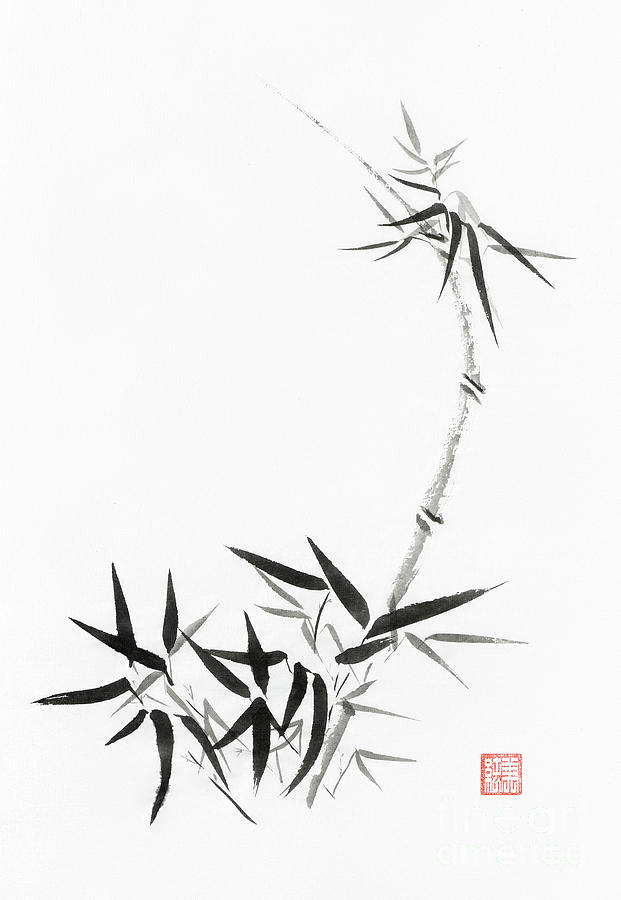 Bamboo stalk with young leaves Sumi-e Japanese Zen painting artwork Wall Art Print MXI30365 Painting by Maxim Images Exquisite Prints