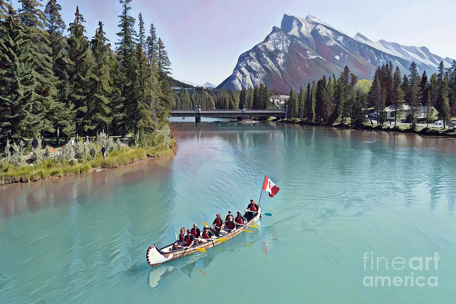 Banff River Canoe Ride Mixed Media by Marie Conboy