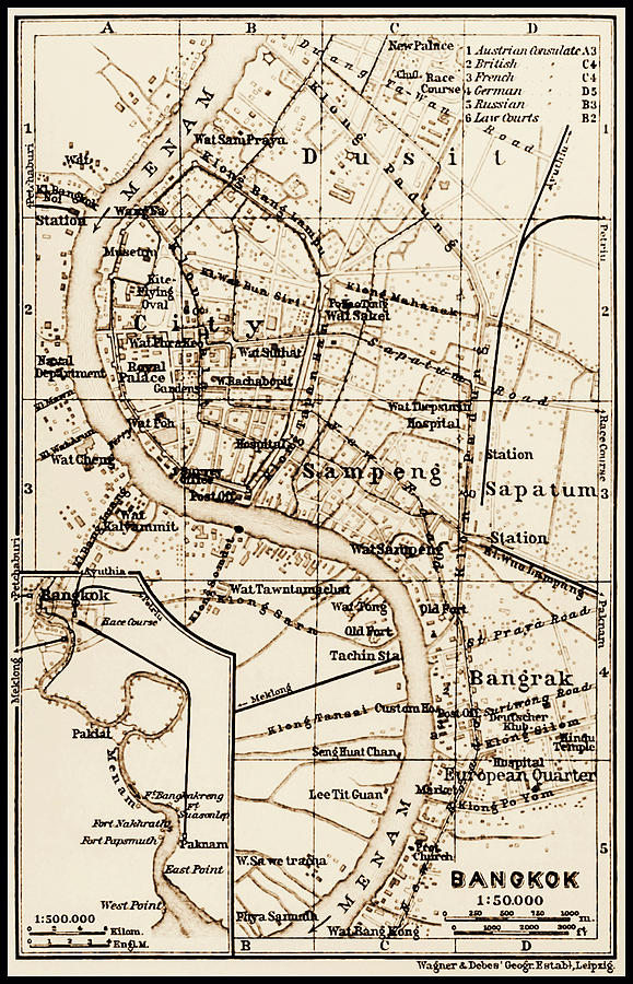 City Of Angels Photograph - Bangkok City Thailand Vintage Map 1914 Sepia  by Carol Japp
