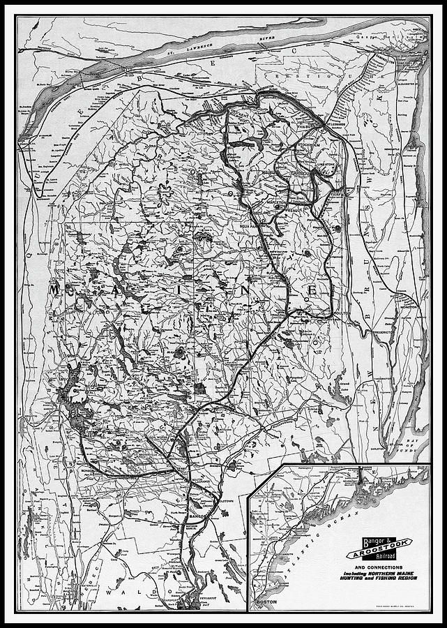 Maine Map Photograph - Bangor and Aroostook Railroad Maine Vintage Map 1915 Black and White by Carol Japp
