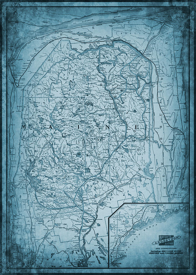 Maine Map Photograph - Bangor and Aroostook Railroad Maine Vintage Map 1915 Blue by Carol Japp
