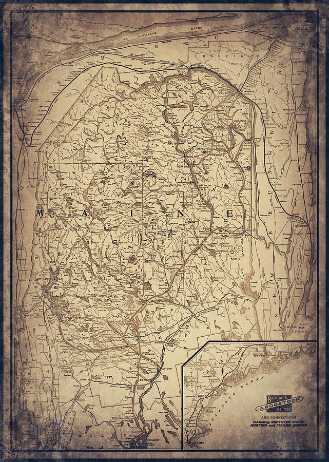 Maine Map Photograph - Bangor and Aroostook Railroad Maine Vintage Map 1915 Sepia  by Carol Japp