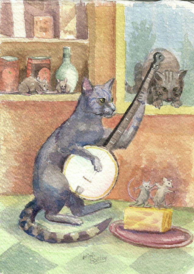 Banjo Cat Painting by Mimi Boothby