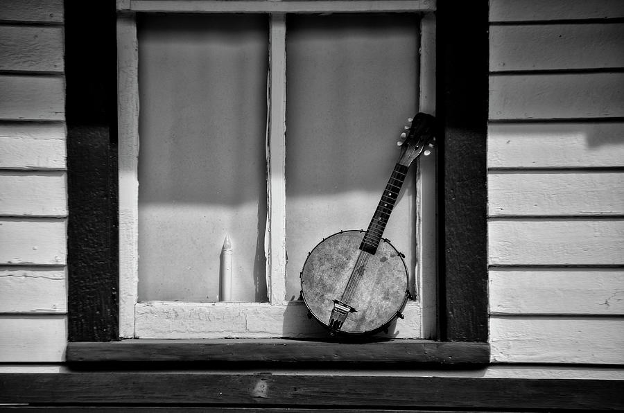 Banjo Mandolin on a Window Sill in Black and White Photograph by Bill Cannon