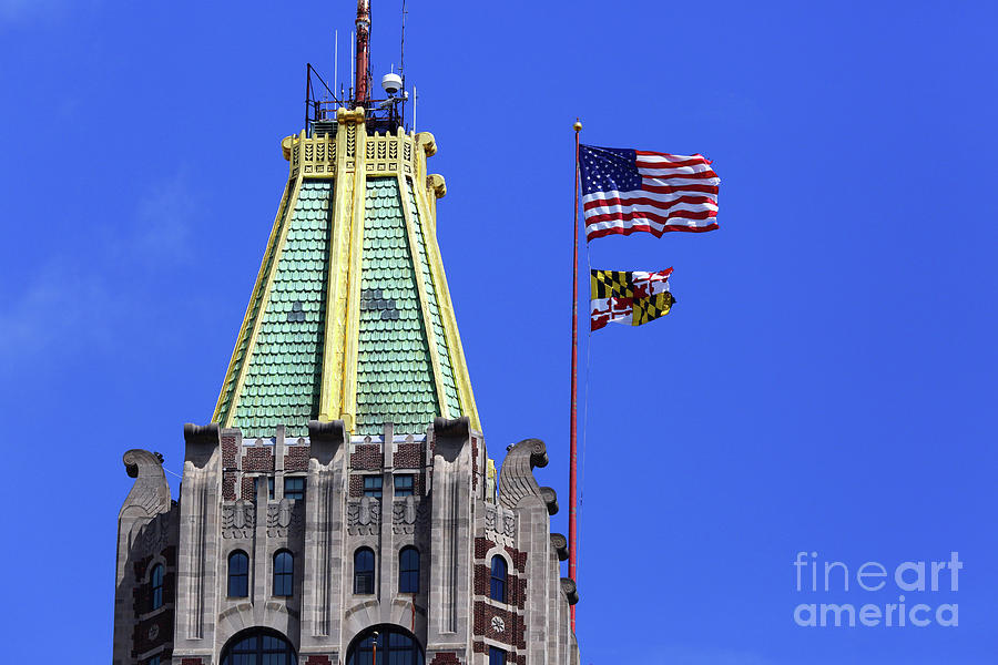 Bank of America Building American and Maryland state flag Baltimore Photograph by James Brunker