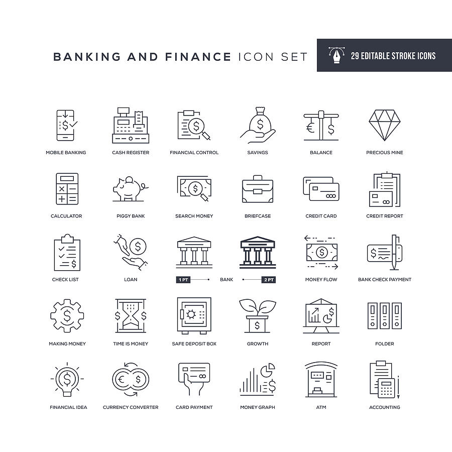 Banking and Finance Editable Stroke Line Icons Drawing by Enis Aksoy