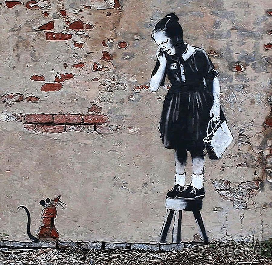 Banksy Mixed Media - Banksy Girl on Stool Scared Of Rat by Banksy