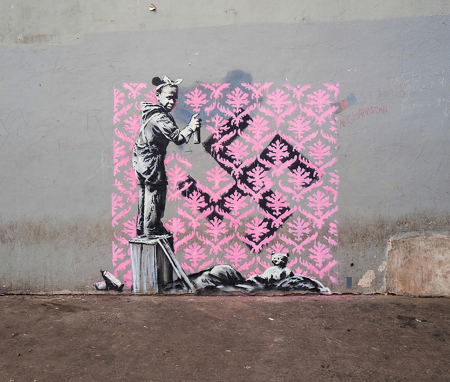 Banksy Girl Painting Over Swastika With Pink Art Painting by Stewart ...