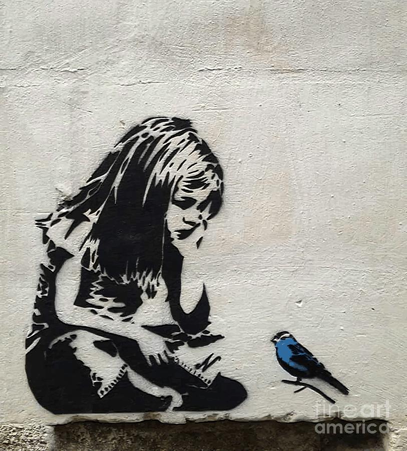 Bird Mixed Media - Banksy Girl with Blue Bird by Banksy