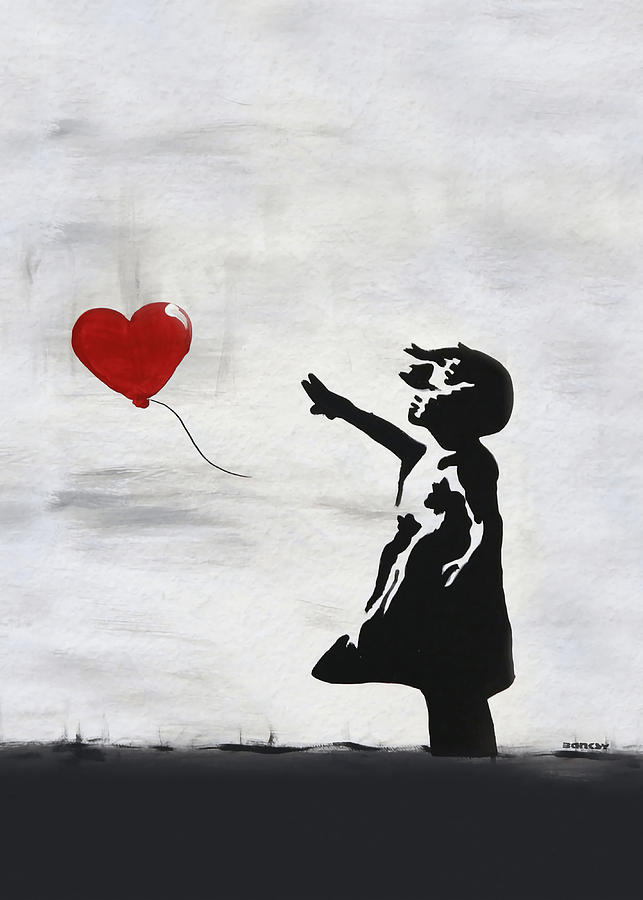 Banksy Girl with heart balloon graffiti ORIGINAL Painting by Richards ...