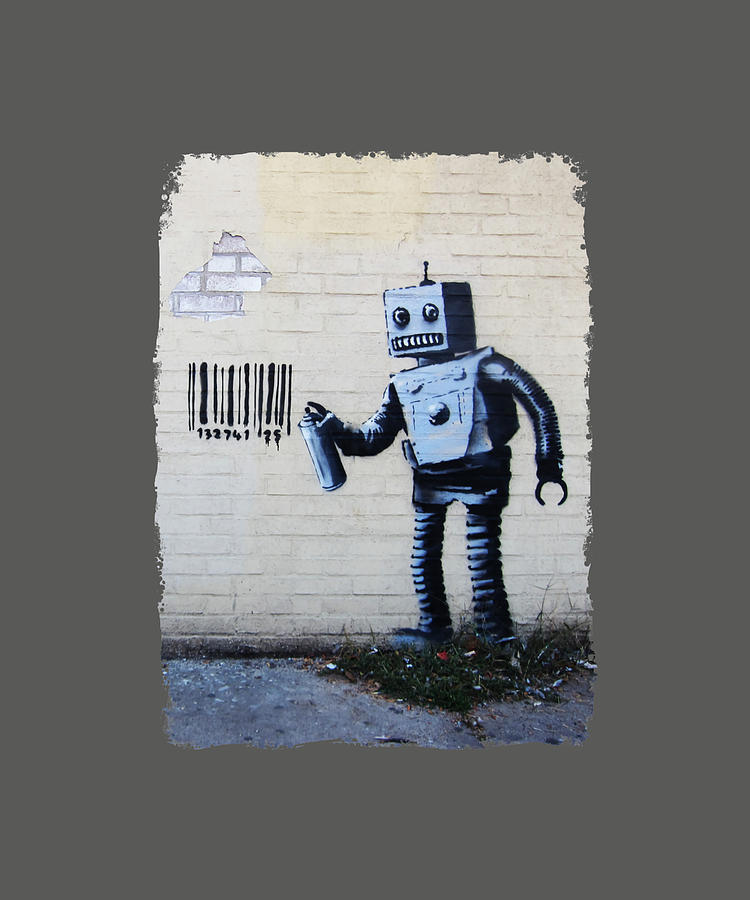 Banksy graffiti smiling Robot and barcodes Out Painting by Francesca ...