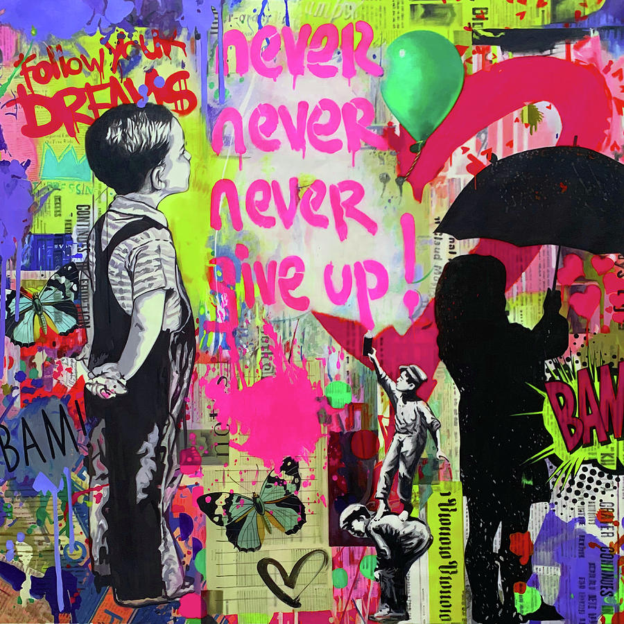 Banksy Hommage - Never give up - Yellow Pink Painting by Felix Von Altersheim