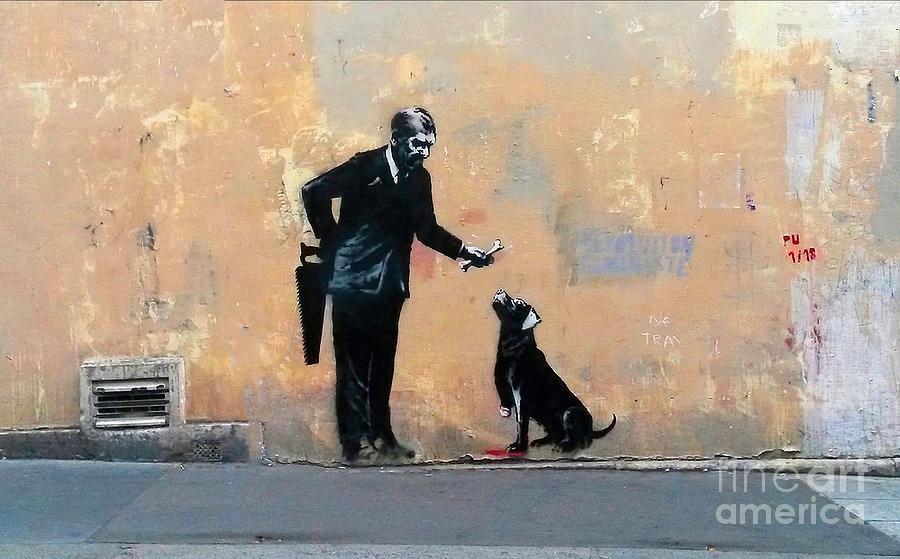 Banksy Man With Saw Feeding Dog Its own Leg Bone Painting by Tina ...