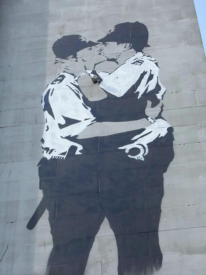 Banksy style kissing policemen Poster retro Painting by Russell Thomas ...