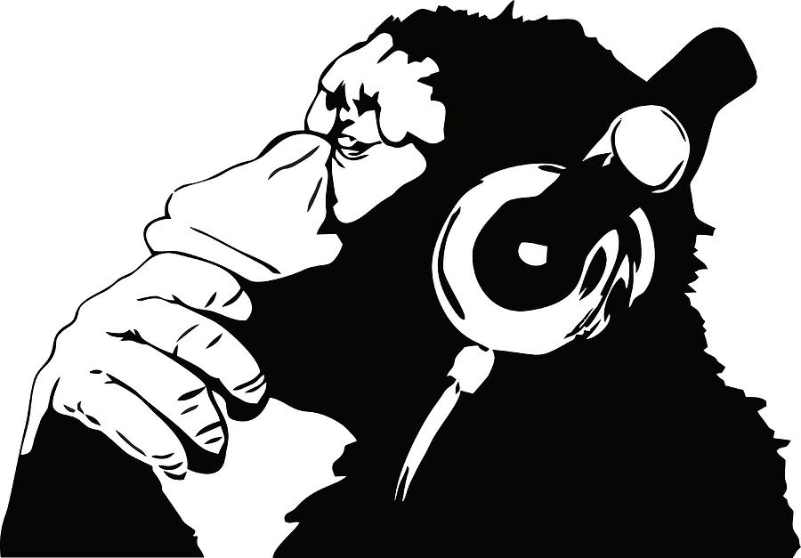 Banksy Thinker Monkey DJ with Headphones Black Painting by Oliver David ...