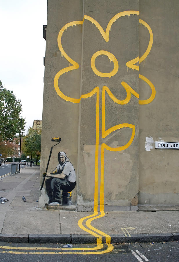 Banksy Yellow Lines Flower Painter Poster 70s Painting by Lewis James