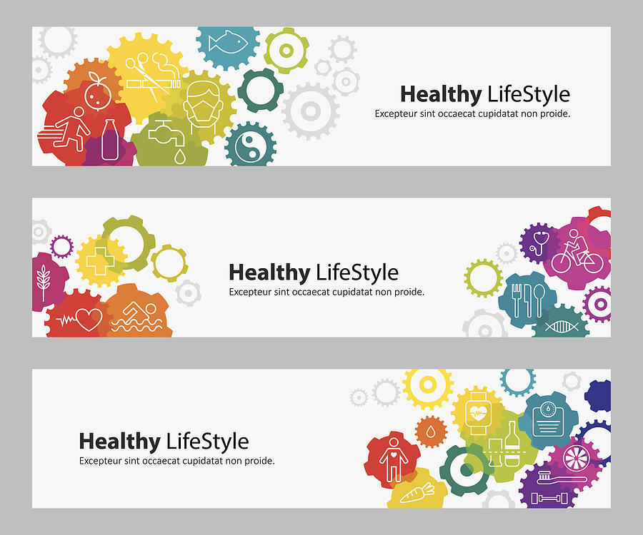 Banners With Vibrant Gears And Healthy Lifestyle Icons Drawing by DrAfter123