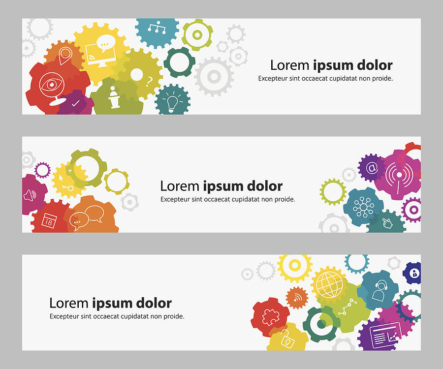 Banners With Vibrant Gears And Webinar Related Icons Drawing by DrAfter123