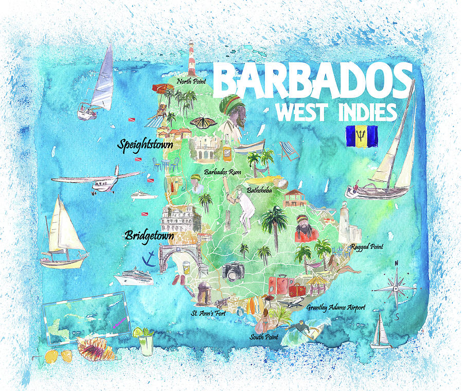 Barbados Antilles Illustrated Caribbean Travel Map with Highlights of ...