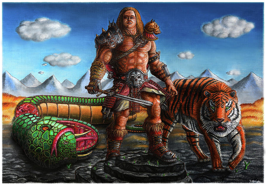 Barbarian kills giant snake painting Painting by Stephan Grixti