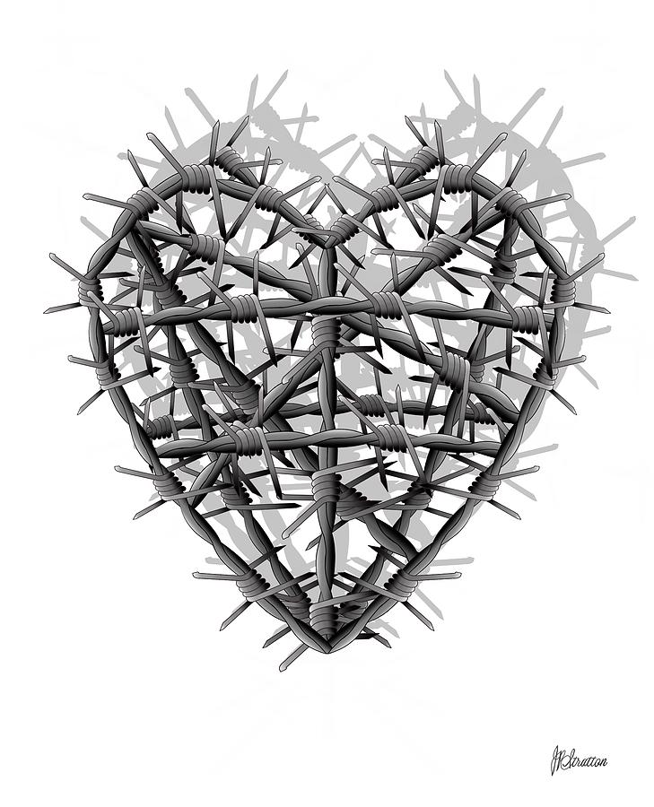 Barbed Wire Heart On White Drawing by Joan Stratton
