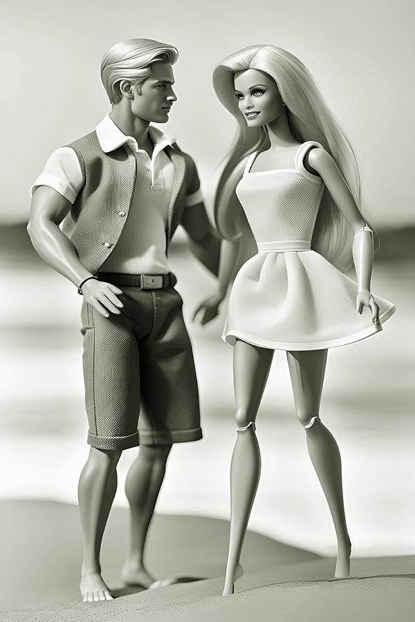Barbie and Ken At the Beach Black and White Digital Art by Movie Poster Prints
