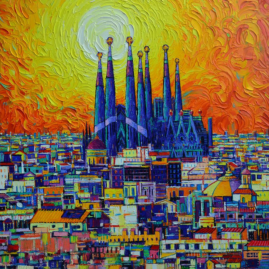 BARCELONA ABSTRACT CITYSCAPE SAGRADA FAMILIA AT SUNSET palette knife oil painting Ana Maria Edulescu Painting by Ana Maria Edulescu