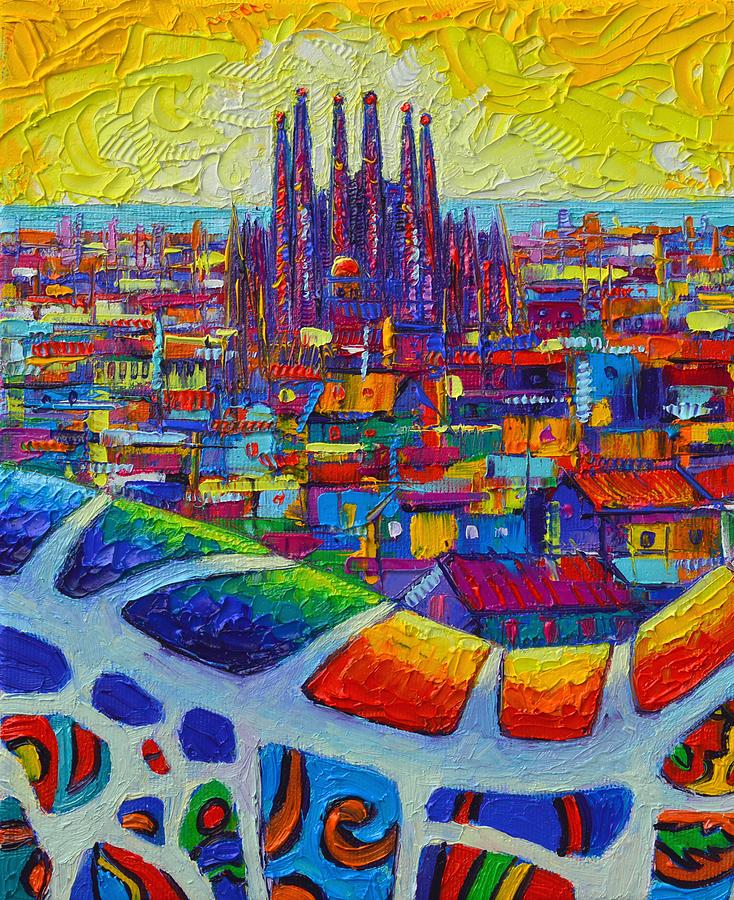 BARCELONA ABSTRACT CITYSCAPE SAGRADA FAMILIA FROM PARC GUELL knife oil ...