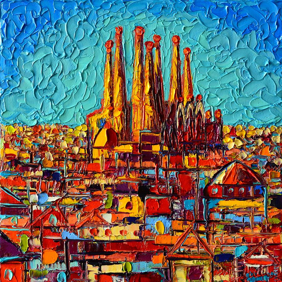 Barcelona Abstract Cityscape Sagrada Familia Over Rooftops Painting by Ana Maria Edulescu