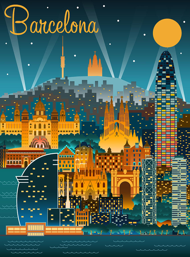 Barcelona Cityscape at night Mixed Media by Julien - Pixels