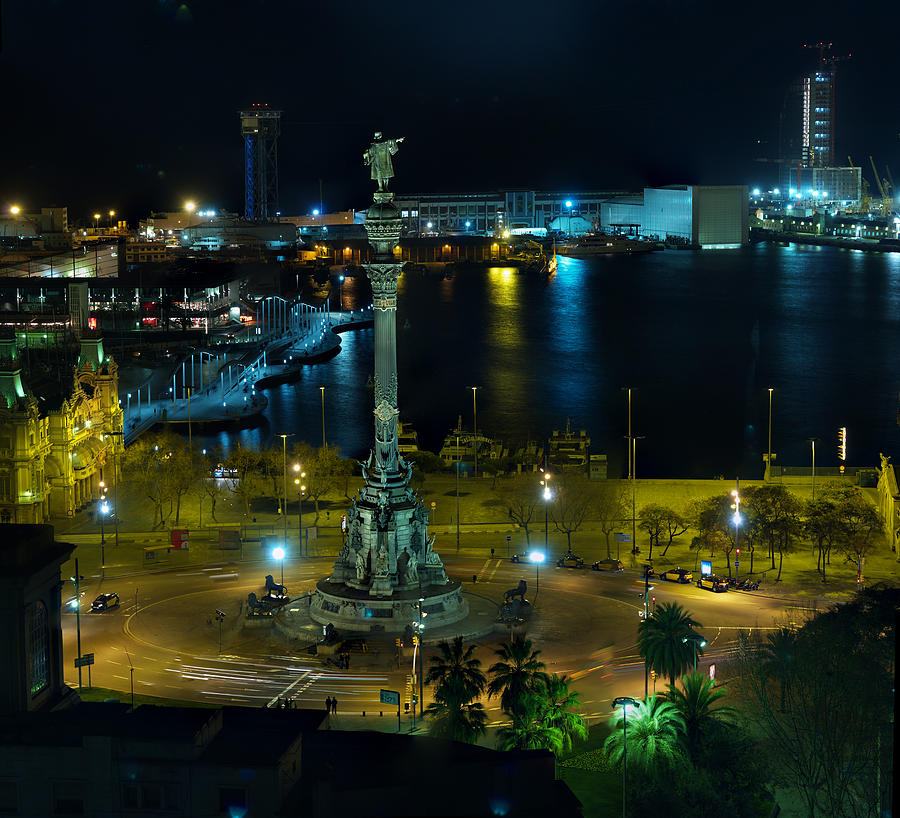 Barcelona Columbus Statue and Marina at Night Photograph by Geoff Harrison