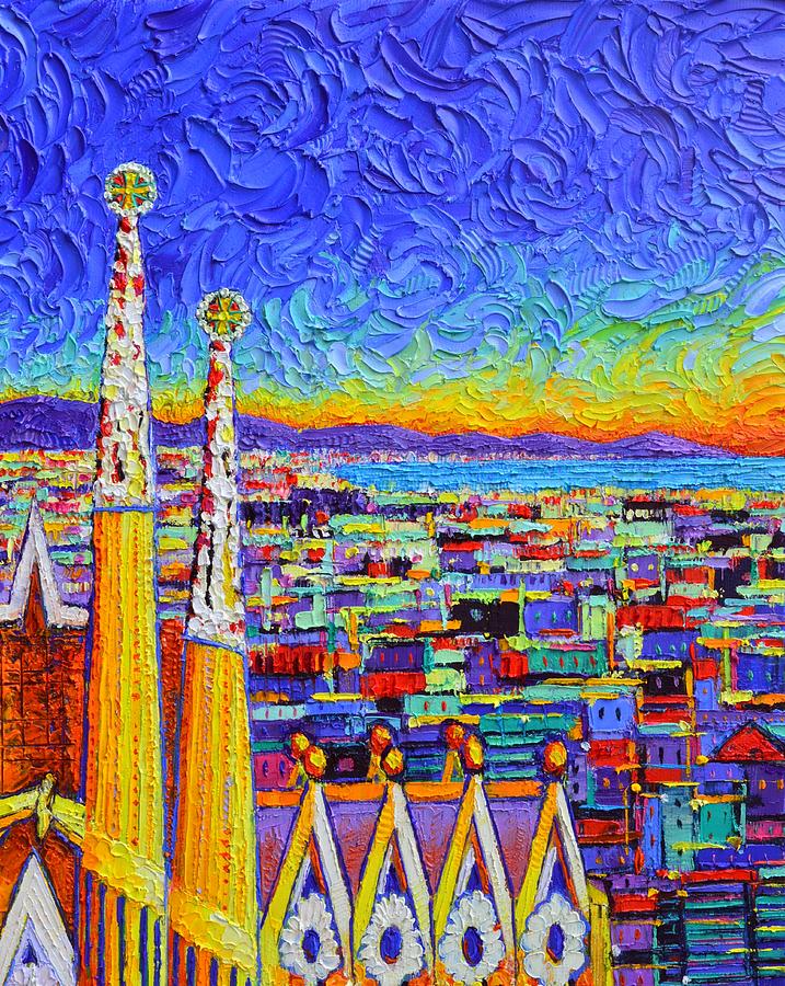 BARCELONA DAWN abstract cityscape textural impasto palette knife oil painting Ana Maria Edulescu Painting by Ana Maria Edulescu
