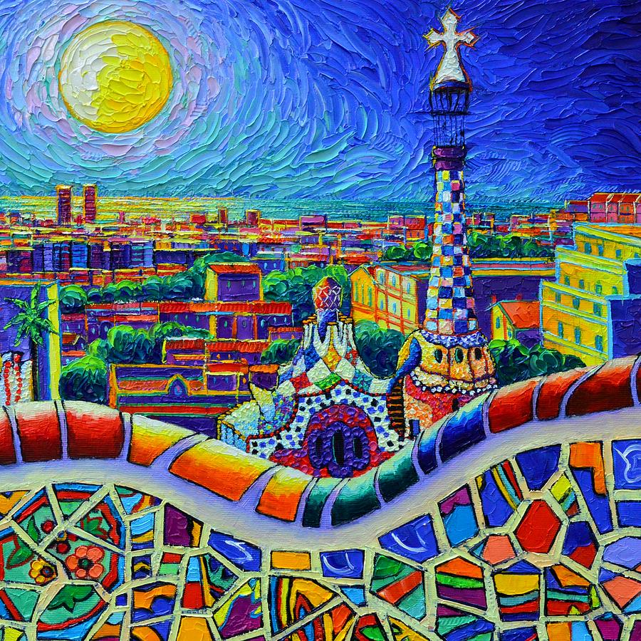 BARCELONA MOON LIGHT - VIEW FROM PARK GUELL OF GAUDI palette knife oil painting Ana Maria Edulescu Painting by Ana Maria Edulescu