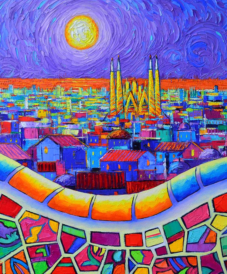 BARCELONA MOONLIGHT commissioned knife oil painting Guell Park abstract cityscape Ana Maria Edulescu Painting by Ana Maria Edulescu
