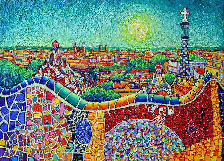 BARCELONA MYRIAD COLORS OF GUELL PARK textural impressionism commissioned art Ana Maria Edulescu Painting by Ana Maria Edulescu