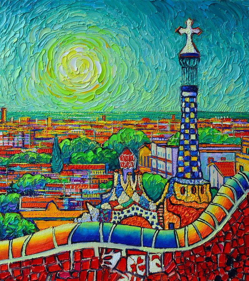 BARCELONA MYRIAD COLORS OF GUELL PARK textural impressionism knife oil painting Ana Maria Edulescu Painting by Ana Maria Edulescu