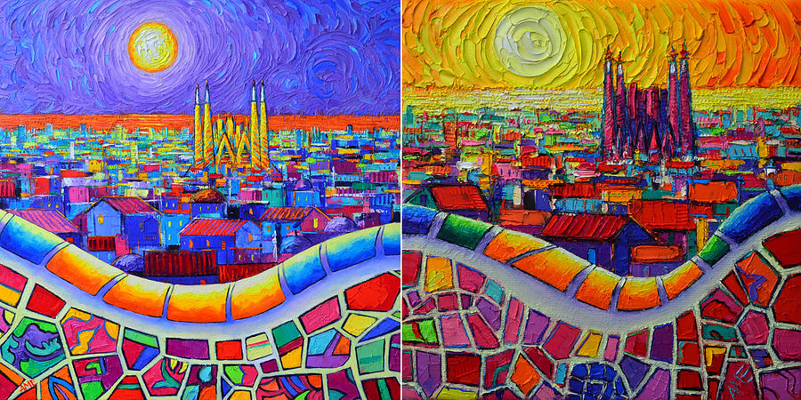 BARCELONA NIGHT AND DAY SAGRADA FAMILIA SEEN FROM PARK GUELL knife oil paintings Ana Maria Edulescu Painting by Ana Maria Edulescu