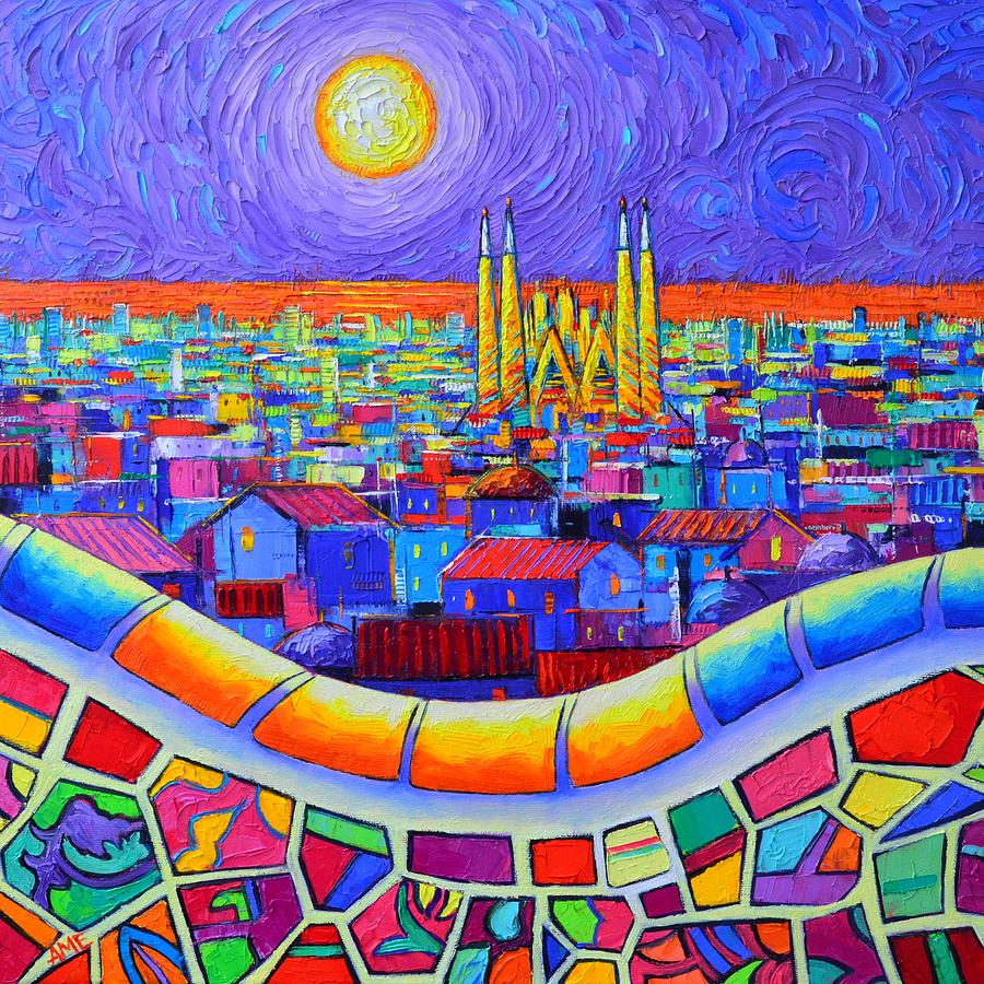 BARCELONA NIGHT COLORS SAGRADA FAMILIA FROM PARK GUELL palette knife oil painting Ana Maria Edulescu Painting by Ana Maria Edulescu