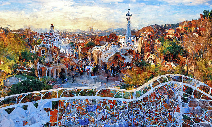 Barcelona, Panorama from Parc Guell - 01 Painting by AM FineArtPrints