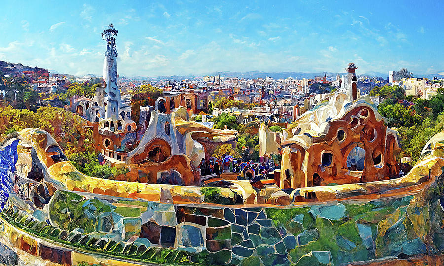 Barcelona, Panorama from Parc Guell - 02 Painting by AM FineArtPrints