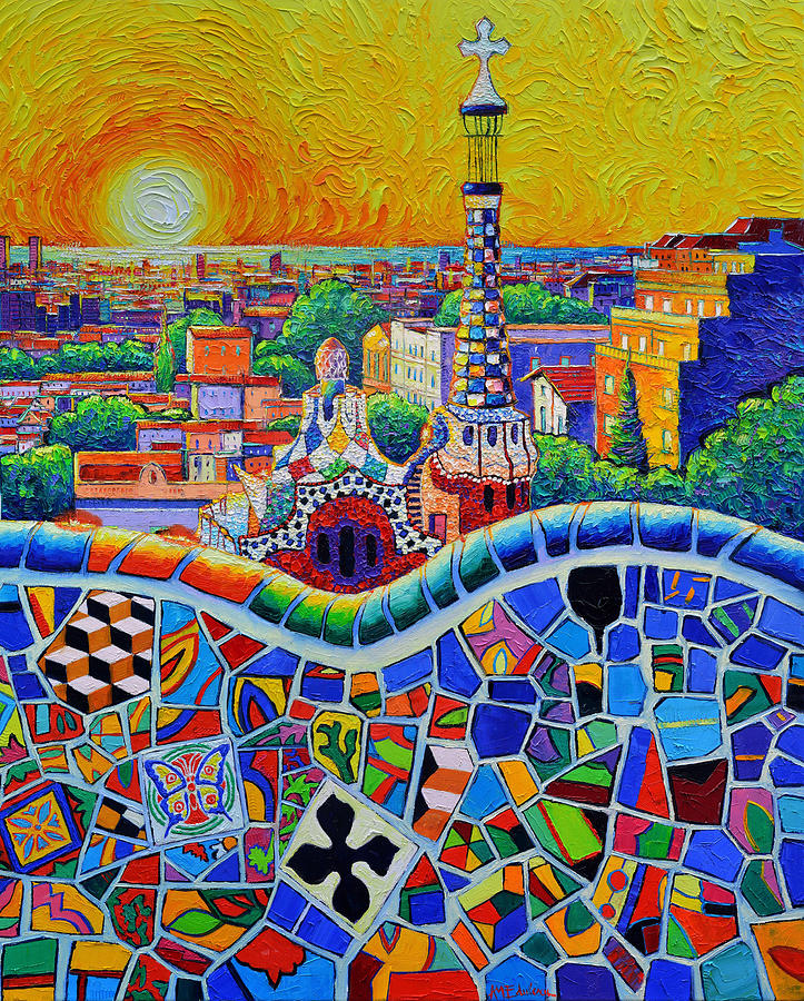 BARCELONA PARK GUELL MAGICAL SUNRISE palette knife painting abstract cityscape by Ana Maria Edulescu Painting by Ana Maria Edulescu