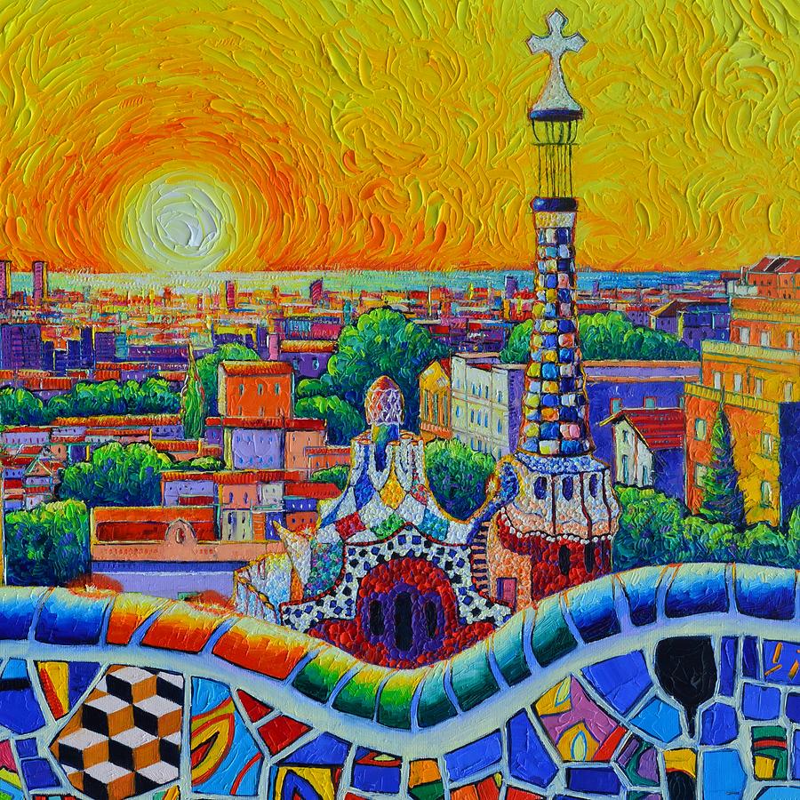 BARCELONA PARK GUELL SUNSHINE palette knife oil commissioned painting closeup Ana Maria Edulescu Painting by Ana Maria Edulescu