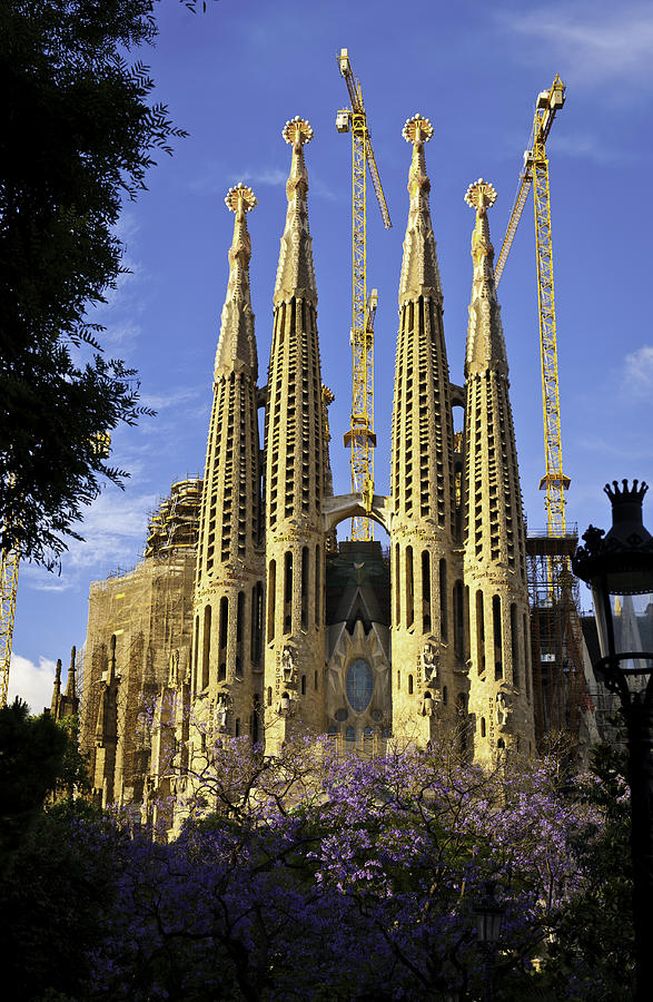 Barcelona Sagrada Familia Gaudi spires framed by spring foliage Spain Photograph by fotoVoyager