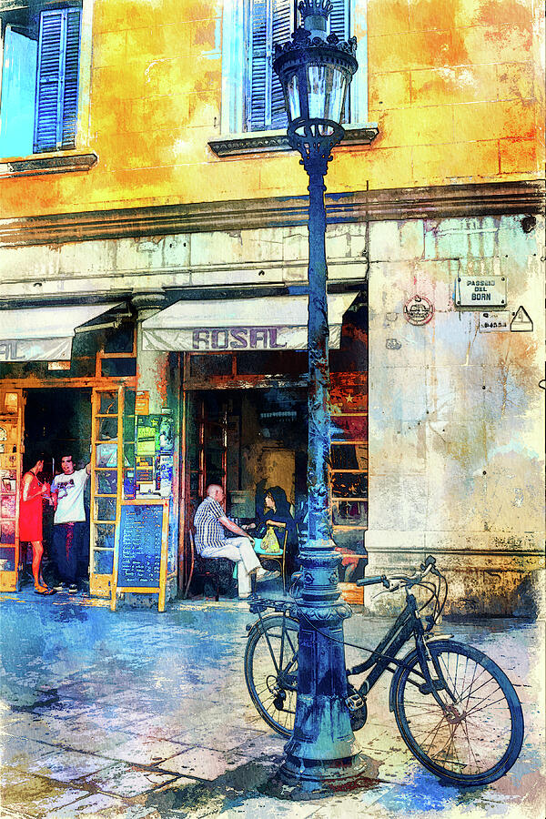 Barcelona street cafe and bike Mixed Media by Tatiana Travelways