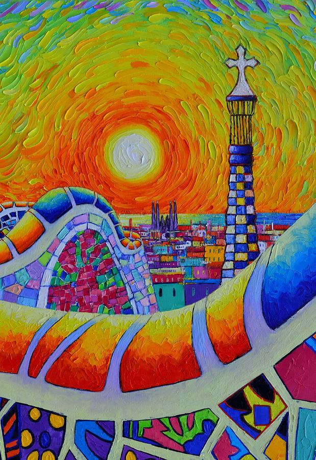 BARCELONA SUNRISE IN PARK GUELL abstract city textural impasto knife oil painting Ana Maria Edulescu Painting by Ana Maria Edulescu