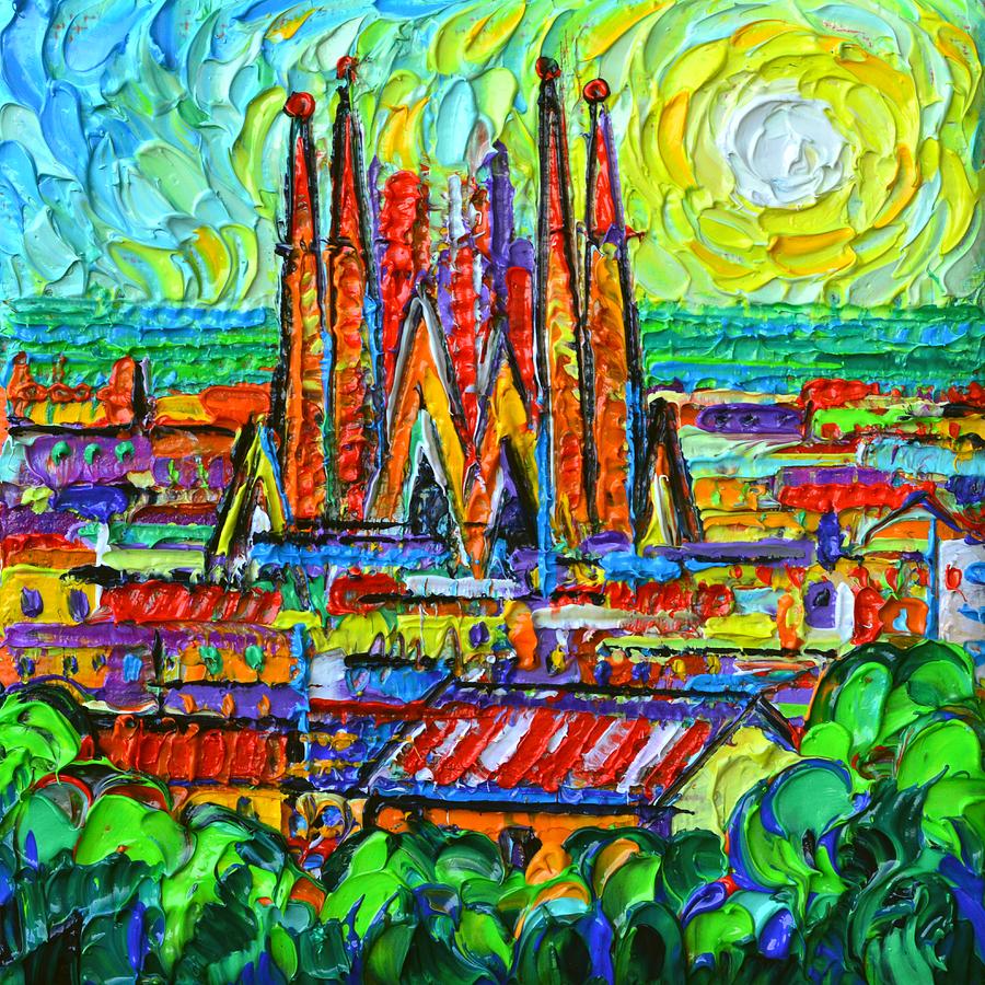 Barcelona Painting - BARCELONA SUNRISE SAGRADA FAMILIA VIEW FROM PARK GUELL textural impressionism abstract cityscape  by Ana Maria Edulescu