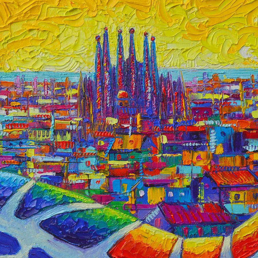 BARCELONA SUNSHINE abstract cityscape textural impasto palette knife oil painting Ana Maria Edulescu Painting by Ana Maria Edulescu